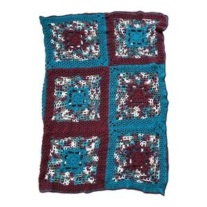 Handmade Retro Granny Square Afghan Blanket Throw 76”x56” Teal Blue Burgundy